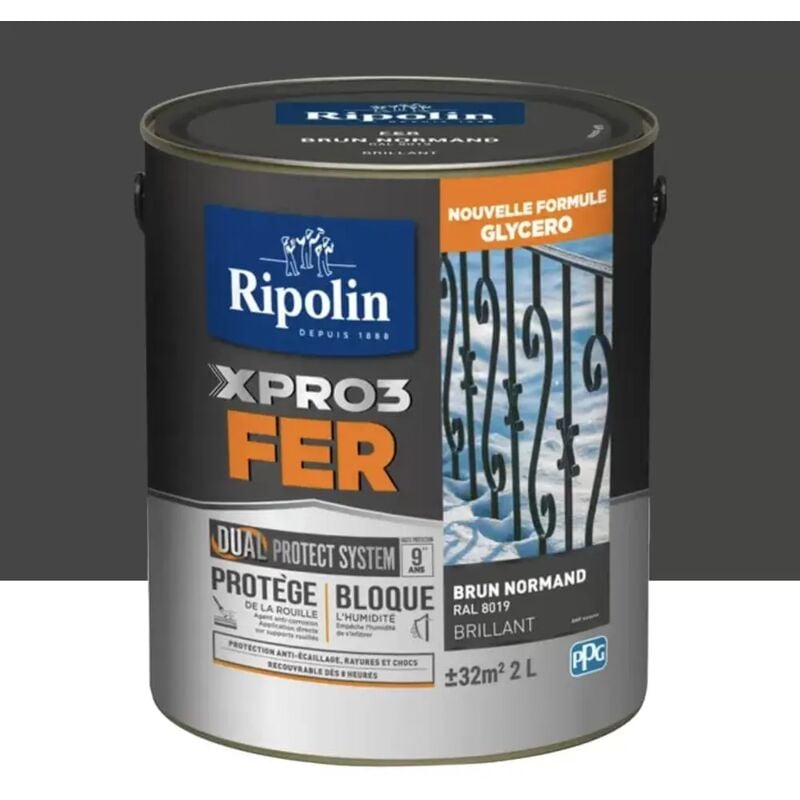 Ripolin - Peinture fer glycéro XPRO3 Fer Brillant Brun Normand 2 l