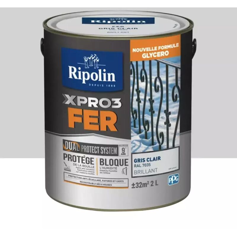 Ripolin - Peinture fer glycéro XPRO3 Fer Brillant Gris Clair 2 l