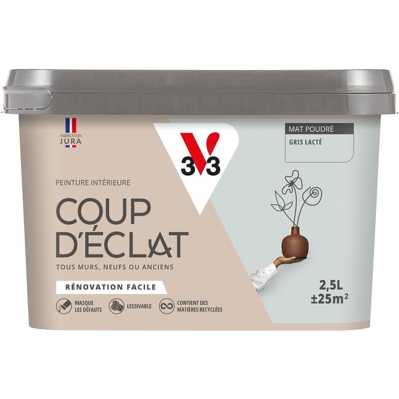 V33 - Peinture murale intérieure Coup d'Éclat® Gris lacté Mat Poudré 2,5L