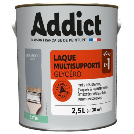 Peinture laque glycéro satin 2.5 litres gris minéral – Finition décorative et protectrice – Pour pièces humides et sèches – Pouvoir garnissant élevé – Addict