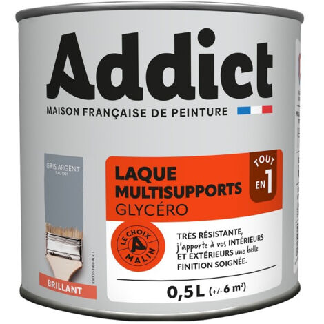 Peinture laque glycérophtalique brillante 0.5 Litre gris minéral – Résistante aux intempéries – Lessivable – Pour boiseries et supports métalliques – Addict