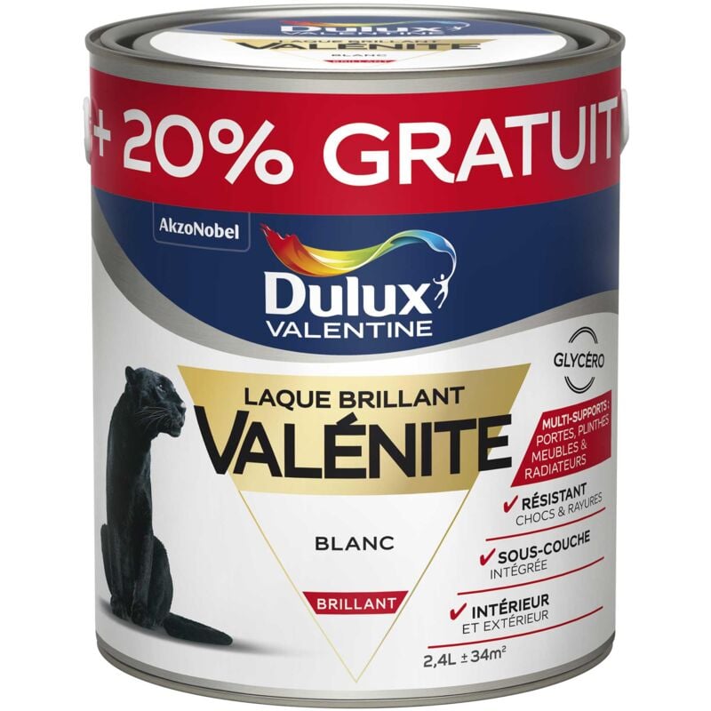 Peinture Laque Valénite Brillant Blanc 2 L + 20 % Gratuit - Dulux Valentine