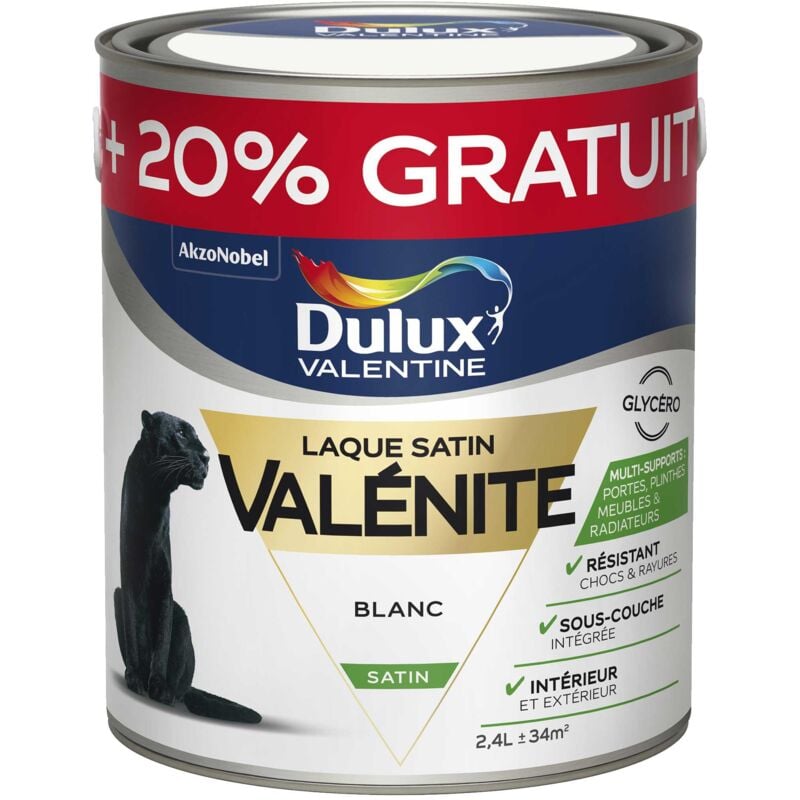 Peinture Laque Valénite Satin Blanc 2 l + 20 % Gratuit Dulux Valentine