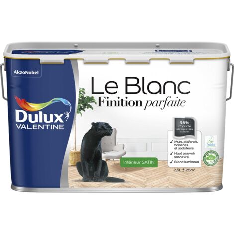 Dulux Valentine – Peinture blanche mur et plafond 2,5L satin – 98% d'opacité dès la première couche – Séchage rapide 1h – Ecolabel Européen