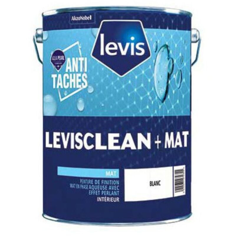 Clean+ Mat Peinture Acrylique Effet Perlant Anti Taches - Surfaces Murales - Intérieur Finition: Mat - Couleur: Blanc - Conditionnement: 5L - Levis