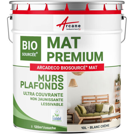 Peinture mat, mur et plafond, biosourcée - Peinture chambre, salon, pièces à vivre - 10 L (+ ou - 120m² par couche) Blanc Crème - RAL 9001 - ARCANE INDUSTRIES