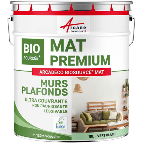 Peinture mat, mur et plafond, biosourcée - Peinture chambre, salon, pièces à vivre - 10 L (+ ou - 120m² par couche) Vert Blanc - RAL 6019 - ARCANE INDUSTRIES