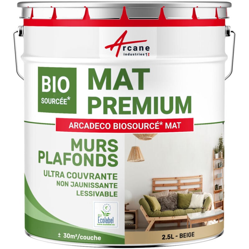 Peinture mat mur et plafond biosourcée - Peinture chambre, salon, pièces à vivre - 2.5 l (+ ou - 30m² par couche) Beige - ral 1001 Arcane Industries
