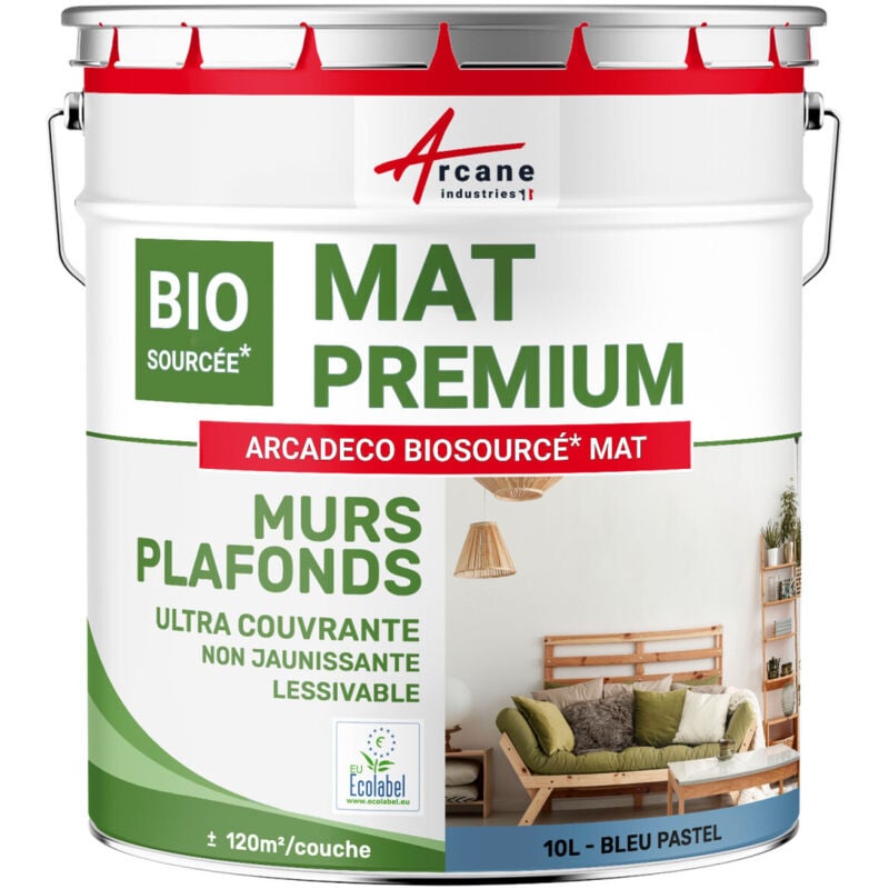 Peinture mat mur et plafond biosourcée - Peinture chambre, salon, pièces à vivre - 10 l (+ ou - 120m² par couche) Bleu Pastel - ral 5024 Arcane