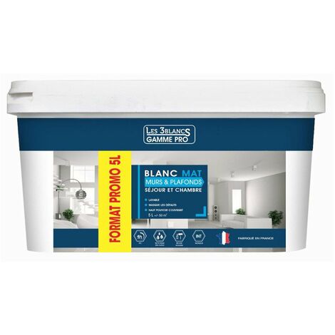 Peinture mate acrylique 5 Litres – Sans odeur pour intérieur – Excellent pouvoir couvrant – Lessivable et grande blancheur
