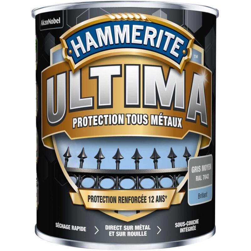 Hammerite - Peinture métal acrylique ultima Brillant Gris Moyen 0,75L