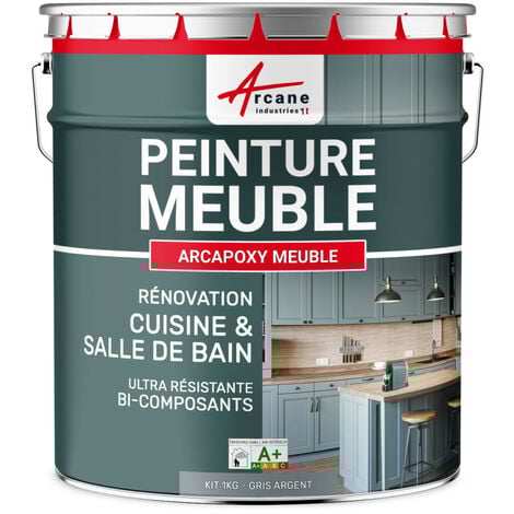 Peinture meuble, cuisine, salle de bain,  résine, bois, stratifié, mélaminé, porte, placard, plan de travail : Arcapoxy meuble - 1 kg (jusqu'à 12 m² en 2 couches) Gris Argent - RAL 7001 - ARCANE INDUS