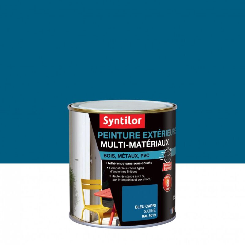 Peinture multimatériau extérieur bleu capri satiné 0.5 l - Syntilor