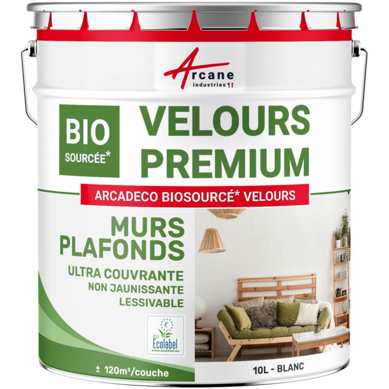 Peinture mur et plafond satin velours biosourcée - 10 l (+ ou - 120m² par couche) Blanc Arcane Industries