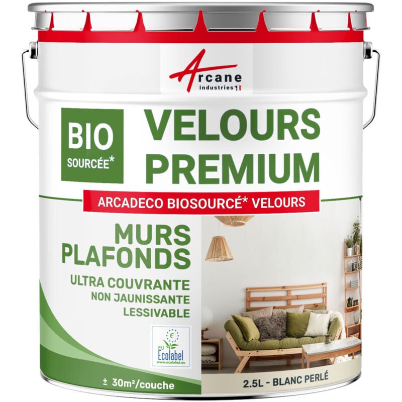 Peinture mur et plafond satin velours biosourcée - 2.5 l (+ ou - 30m² par couche) Blanc Perlé - ral 1013 Arcane Industries