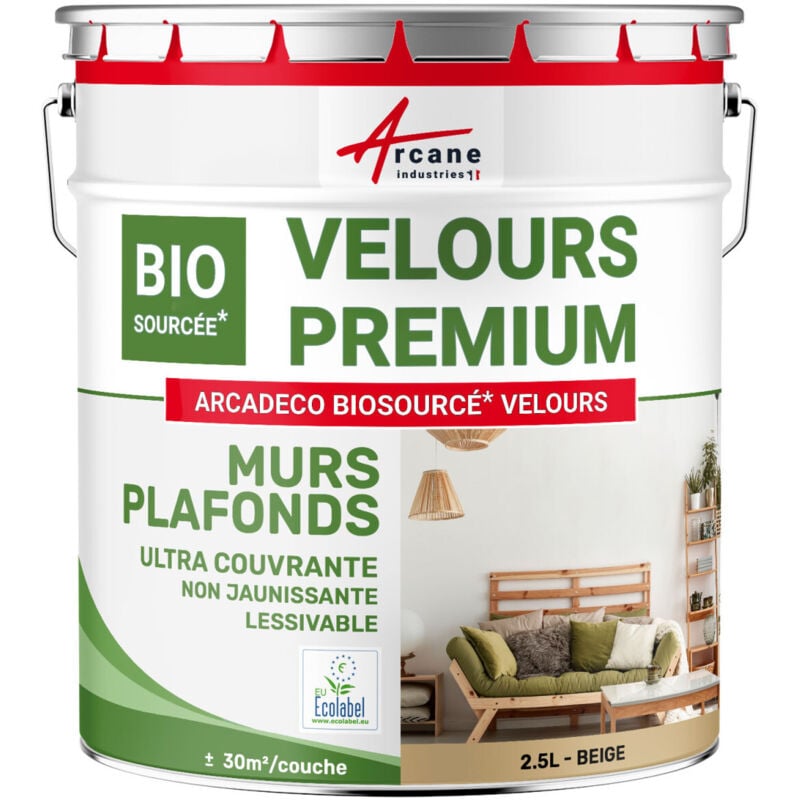 Peinture mur et plafond satin velours biosourcée - 2.5 L (+ ou - 30m² par couche) Beige - RAL 1001 - ARCANE INDUSTRIES