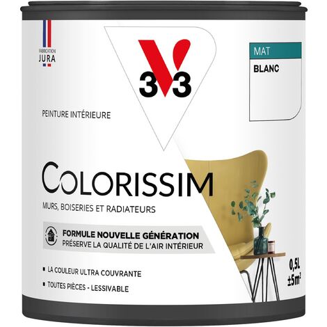 V33 – Peinture anti humidité blanche mate 0,5L – Haute concentration de pigments – Application facile sur tous supports – Résistante aux taches