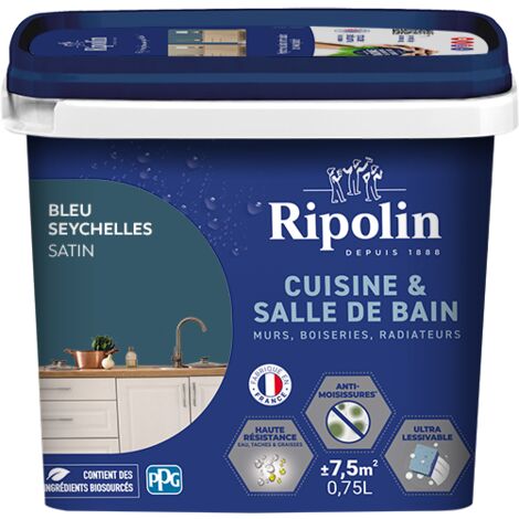 Peinture Murale spéciale Cuisine et Bain - Satin - 0,75L -  Bleu Seychelles - Ripolin