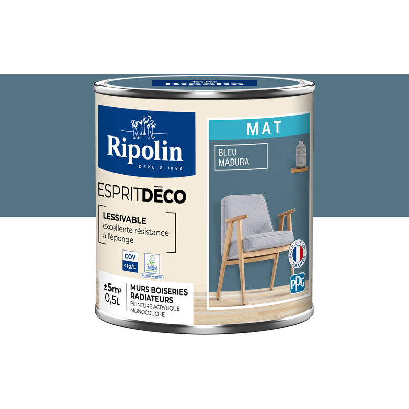 Peinture Murale Toutes Pièces - Mat - 0,5L - Bleu Madura - Ripolin
