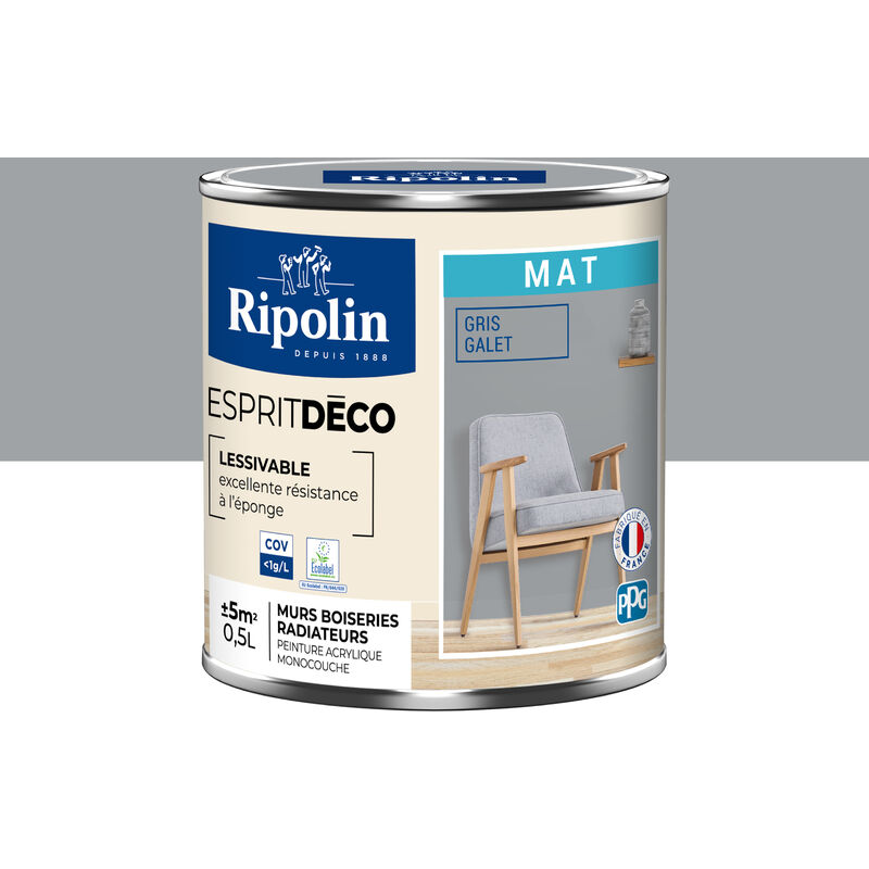 Peinture Murale Toutes Pièces - Mat - 0,5L - Gris Galet Ripolin