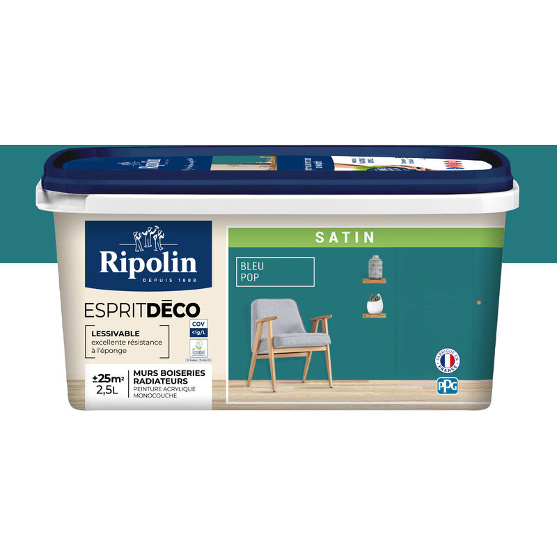 Peinture acrylique Ripolin ESPRIT DECO monocouche satin 2L5 bleu pop