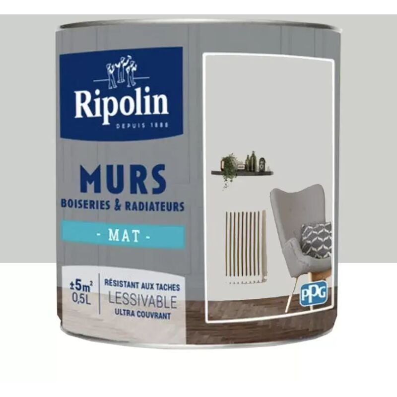 Peinture Murs, Boiseries, Radiateurs Ripolin Mat Gris Cétus 0,5 l