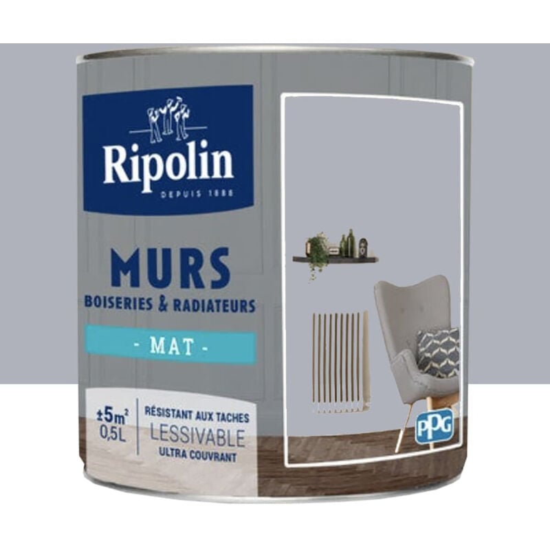 Peinture Murs, Boiseries, Radiateurs Ripolin Mat Gris Sirius 0,5 l