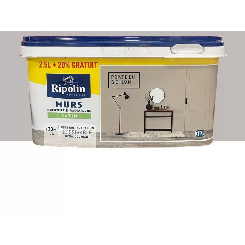 Peinture Murs, Boiseries, Radiateurs Ripolin Satin Poivre de Sichuan 3 l