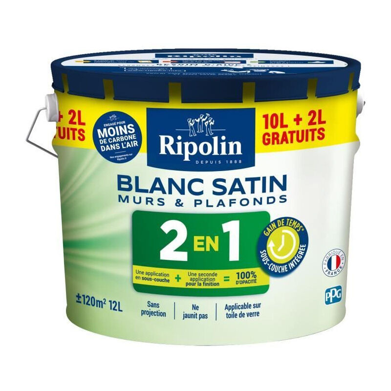 Peinture Murs et Plafonds 2 en 1 Blanc Satin Ripolin 10L + 2L gratuits