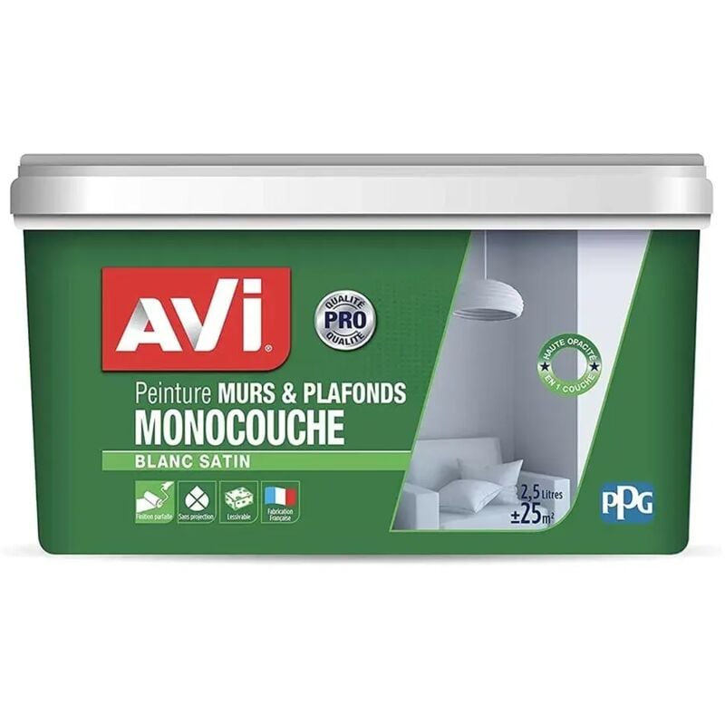 AVI - Peinture murs & plafonds Monocouche Blanc satin 2,5 l