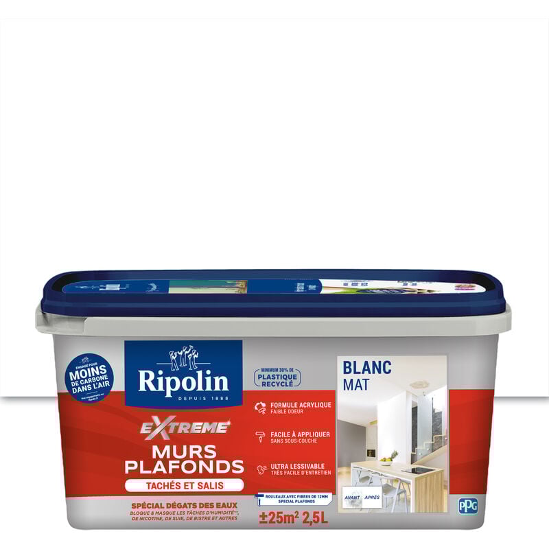 Peinture Blanc Mat - Murs et Plafonds tachés et salis - 2,5L Ripolin