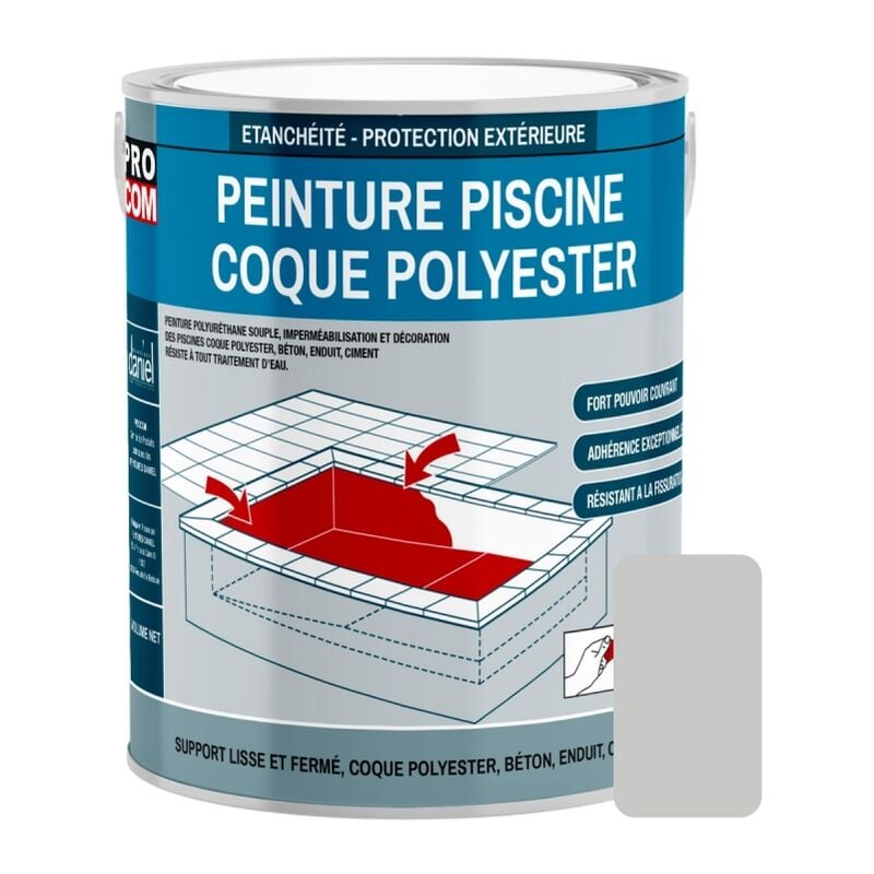 Peinture piscine coque polyester, béton, peinture piscine polyuréthane étanche et souple, haut de gamme PROCOM C8C8C7 3 Kg