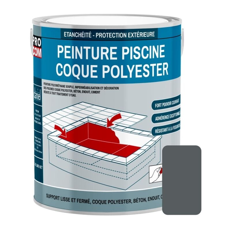 Peinture piscine coque polyester, béton, peinture piscine polyuréthane étanche et souple, haut de gamme Procom 575D5E 3 Kg