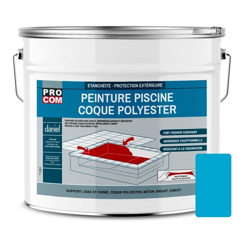 Peinture piscine coque polyester, béton, peinture piscine polyuréthane étanche et souple, haut de gamme Procom Bleu piscine (ral 240 60 40) 12.5 Kg