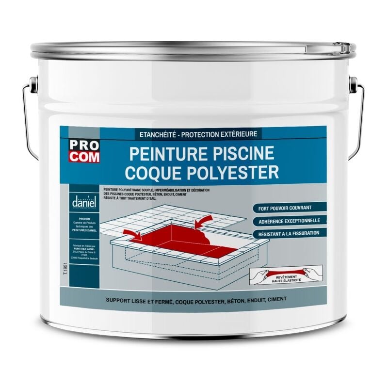 Procom - Peinture piscine coque polyester, béton, peinture piscine polyuréthane étanche et souple, haut de gamme ffffff 12.5 Kg