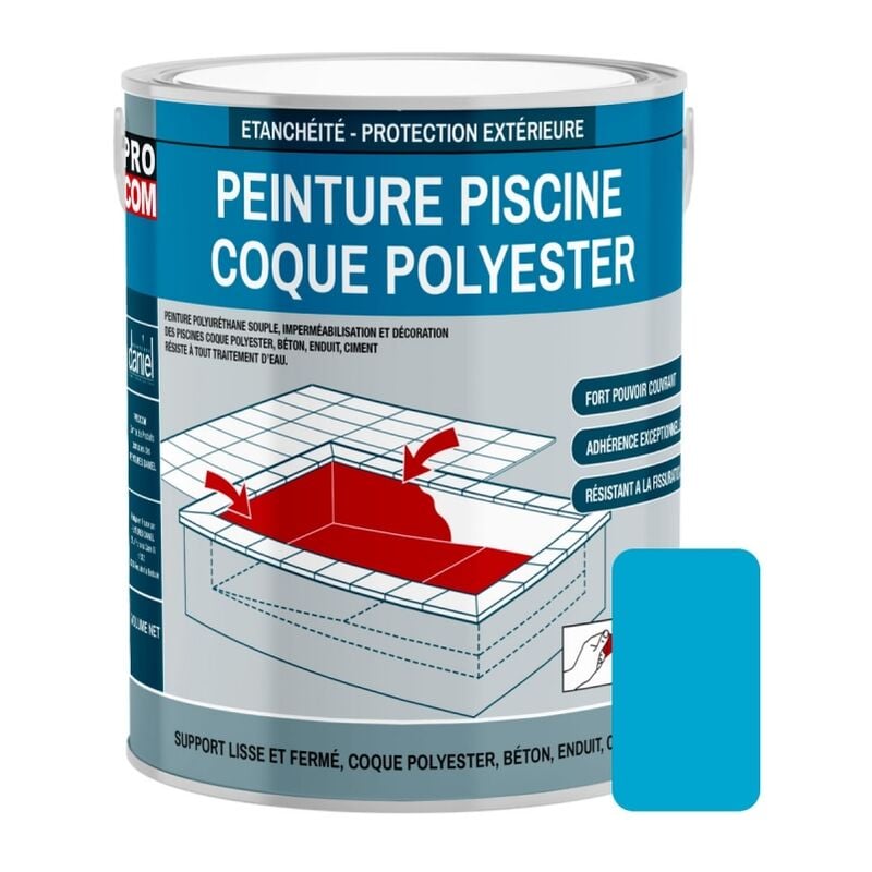 Peinture piscine coque polyester, béton, peinture piscine polyuréthane étanche et souple, haut de gamme Procom Bleu piscine (ral 240 60 40) 3 Kg