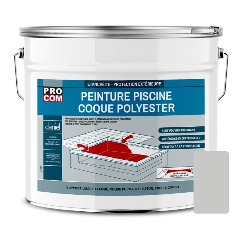 Peinture piscine coque polyester, béton, peinture piscine polyuréthane étanche et souple, haut de gamme Procom C8C8C7 12.5 Kg