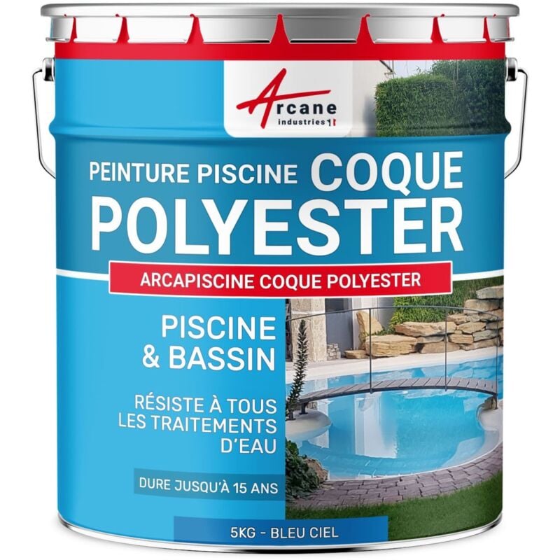 Arcane Industries - Peinture Piscine Coque Polyester - Peinture hydrofuge / imperméabilisante piscine et bassin - 5 kg (jusqu'à 15m² pour 2 couches)