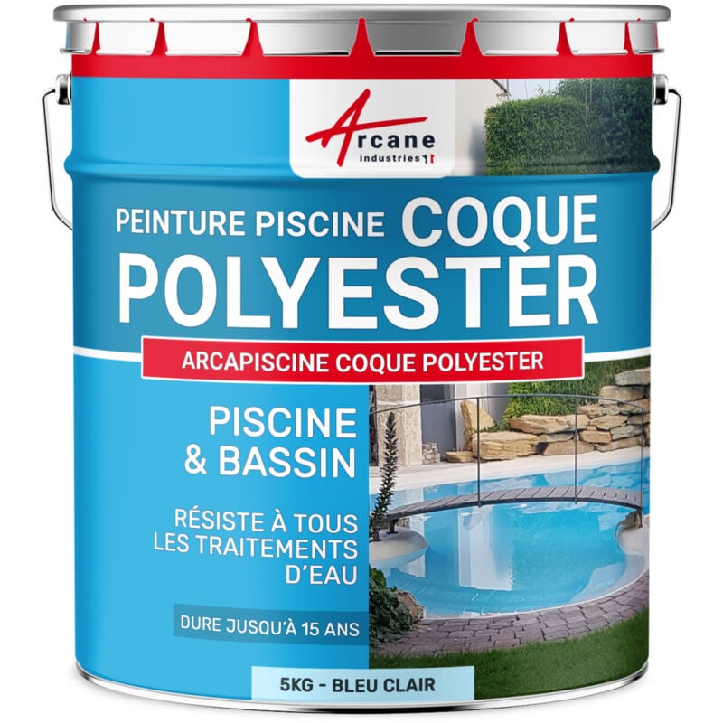 Arcane Industries - Peinture Piscine Coque Polyester - Peinture hydrofuge / imperméabilisante piscine et bassin - 5 kg (jusqu'à 15m² pour 2 couches)