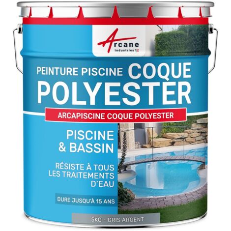 Peinture piscine, coque polyester, peinture hydrofuge, imperméabilisante, piscine et bassin - 5 kg (jusqu'à 15m² pour 2 couches) Gris Argent - RAL 7001 - ARCANE INDUSTRIES
