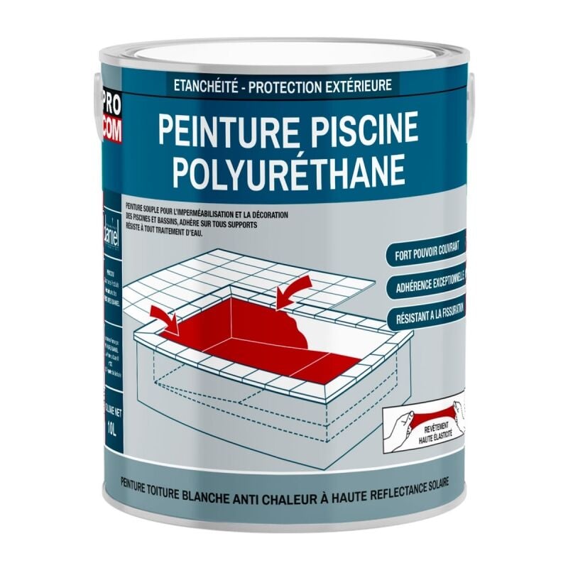 Peinture piscine béton, peinture polyuréthane pour piscine et bassin, étanche et souple, béton, enduit, ciment Procom ffffff 2.5 litres