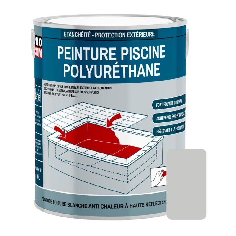 Peinture piscine béton, peinture polyuréthane pour piscine et bassin, étanche et souple, béton, enduit, ciment Procom C8C8C7 2.5 litres