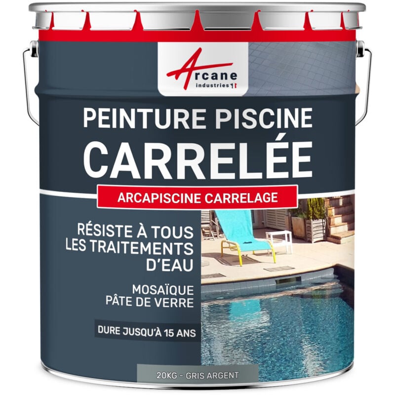Arcane Industries - Peinture Piscine Carrelage - 20 kg (jusqu'à 65m² en 2 couches) Gris Argent - ral 7001