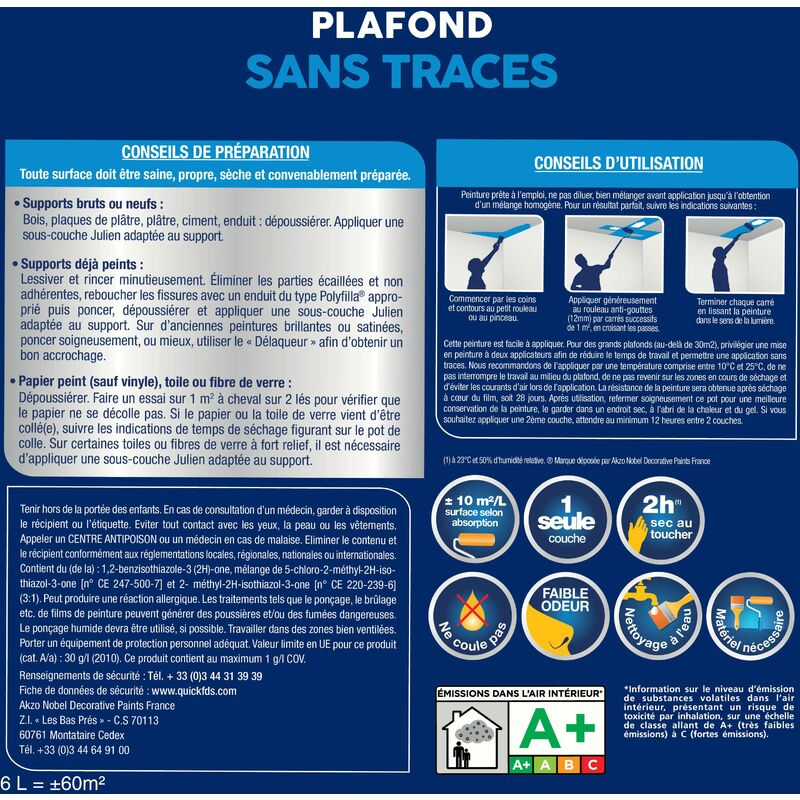 Peinture Plafond Sans Traces Mat Blanc 5 L 1 L Gratuit Dulux Valentine 5110878