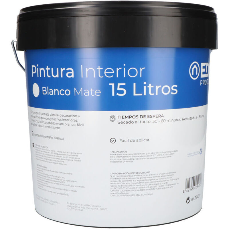 Peinture plastique mat intérieur blanc 15L EDM Finition soyeuse - Haute couverture - Application facile