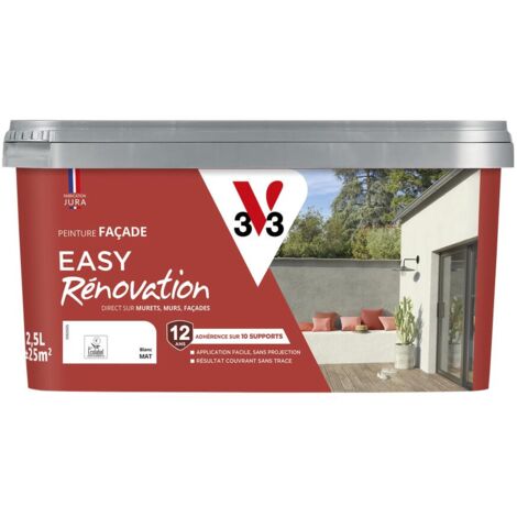V33 – Peinture pour façade Easy Rénovation – Blanc 2,5L – Haute adhérence sur 10 supports – Séchage rapide et auto-nettoyante