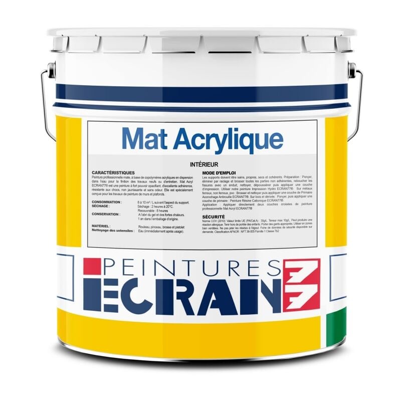 Peinture professionnelle mat, mur et plafond, intérieur, peinture opacifiante, sans odeur, Mat Acrylique ECRAN 77 ffffff 4 litres