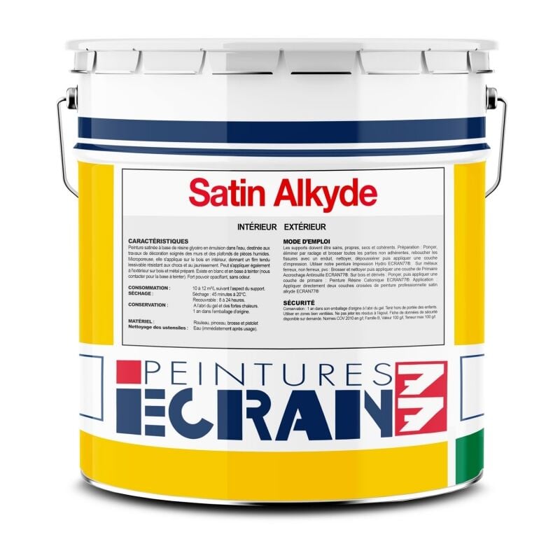 Peinture professionnelle satin, mur, plafond, boiserie, intérieur, extérieur, opacifiante, sans odeur, Satin Alkyde ECRAN 77 ffffff 15 litres