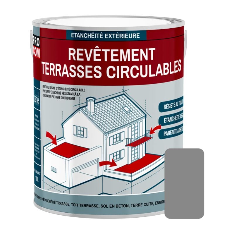 Peinture, résine d'étanchéité imperméabilisation terrasse circulable, balcon, sols extérieurs, béton, plusieurs coloris PROCOM Gris 2.5 litres