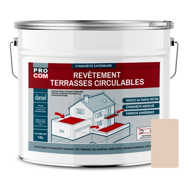 Peinture, résine d'étanchéité imperméabilisation terrasse circulable, balcon, sols extérieurs, béton, plusieurs coloris Procom E2CCBA 10 litres